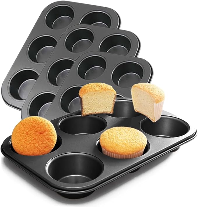 4 Packs Premium Steel Muffin Pan for Baking, Round Muffin Baking Pan, Baking Tray for Muffins, Cupcakes, Brownie(Black