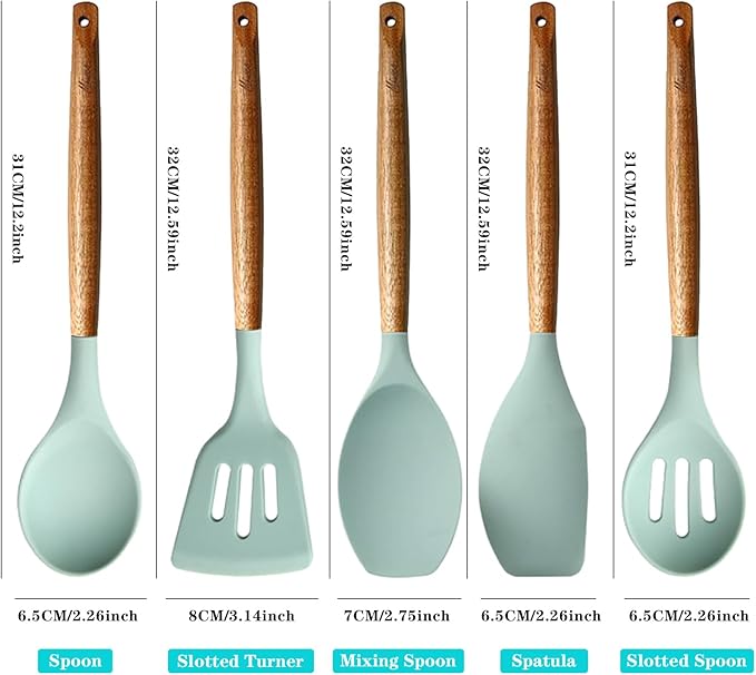 Kitchen Utensils Set, Silicone Cooking Utensils Set,Non-Stick Silicone Spatula Set with Natural Acacia Hard Wood Handle, 5 Piece, Upgraded Thickened Cookware