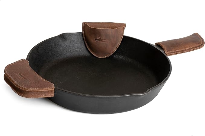 Set of 3 Rustic Hot Handle Holders, Panhandle, Side Kick & Grip Mitt, Assist Grip for Cast Iron Skillets & Pans, Full Grain Leather, Handmade, Bourbon Brown