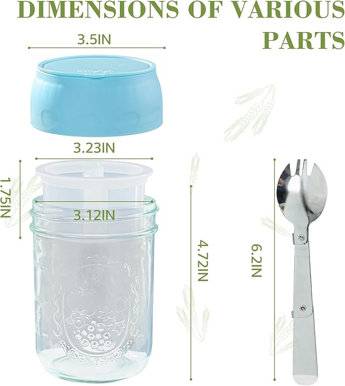 Miuyhji Overnight Oats Containers with Lids, 2-Pack Glass Mason Jars 16 oz with Lids, Folding Spoons and Separated Compartment, for Chia Pudding, Yogurt, Salad, Parfait Cups (Beige)