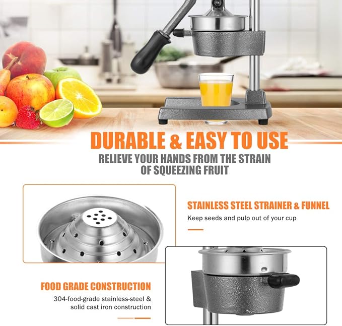 Commercial Heavy Duty Cast Iron Hand Press Manual Orange Citrus Lemon Lime Grapefruit Pomegranate Fruit Juice Squeezer Machine with Stainless Steel Cup Grey