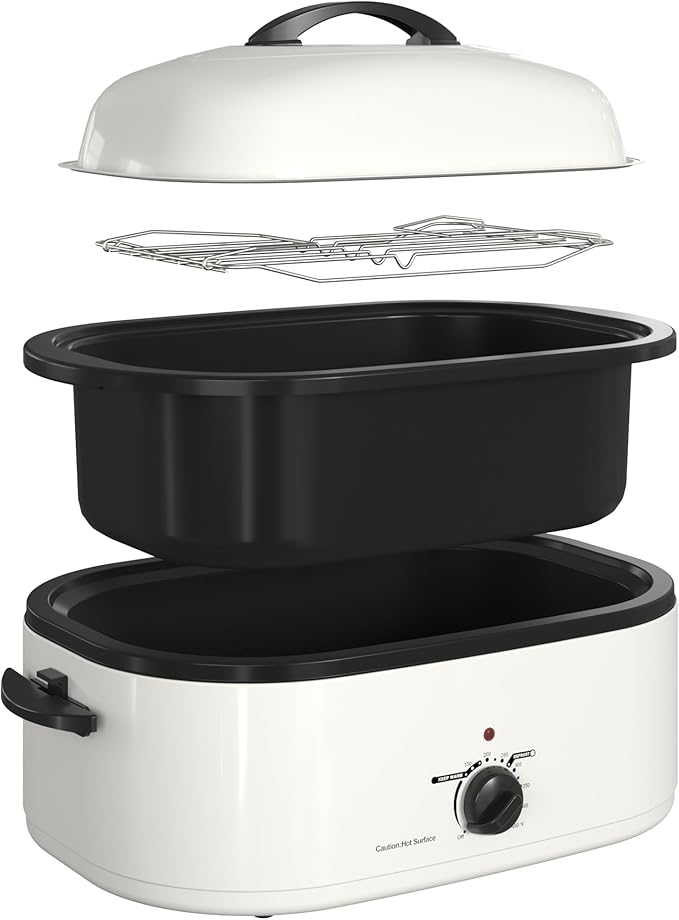 20 Quart Electric Roaster Oven with Self-basting Lid, Turkey Roaster Oven with Removable Pan and Rack, White