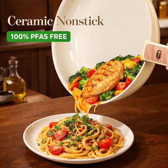 CAROTE 18 Pcs Ceramic Cookware Set Detachable Handle, Non Toxic Pots and Pans Set Non Stick, Induction Kitchen Cookware Removable Handles, Oven Safe, Stackable RV/Camping Cooking Set, Yellow