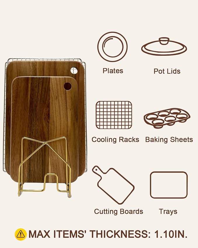 2 Pack Pot Lid Organizer Cutting Board Holder Inside Cabinet 304 Stainless Steel Pot and Pan Organizer Under Cabinet Cookie Sheet Bakeware Serving Tray Cooling Rack Stand Kitchen Countertop Matte Gold