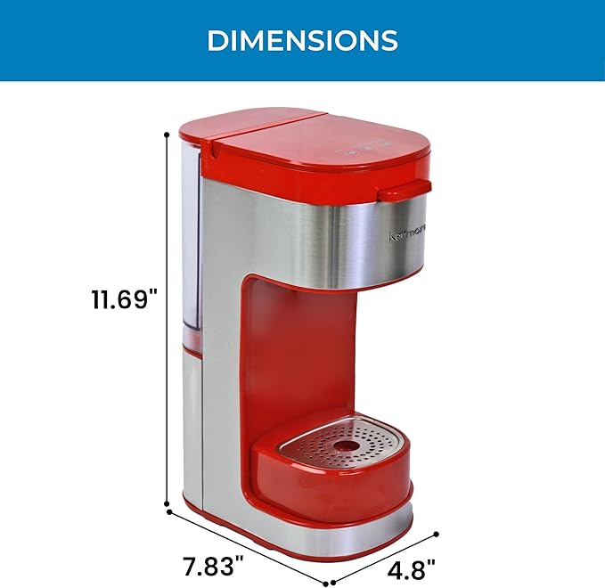 Kenmore Single Serve Coffee Maker – 6–12 Oz Brew Sizes, Compatible with Keurig K‑Cup Pods & Ground Coffee, One Cup Brewer, Travel Mug Friendly, Auto Shut‑Off, Hot & Iced maquina de cafe, Red