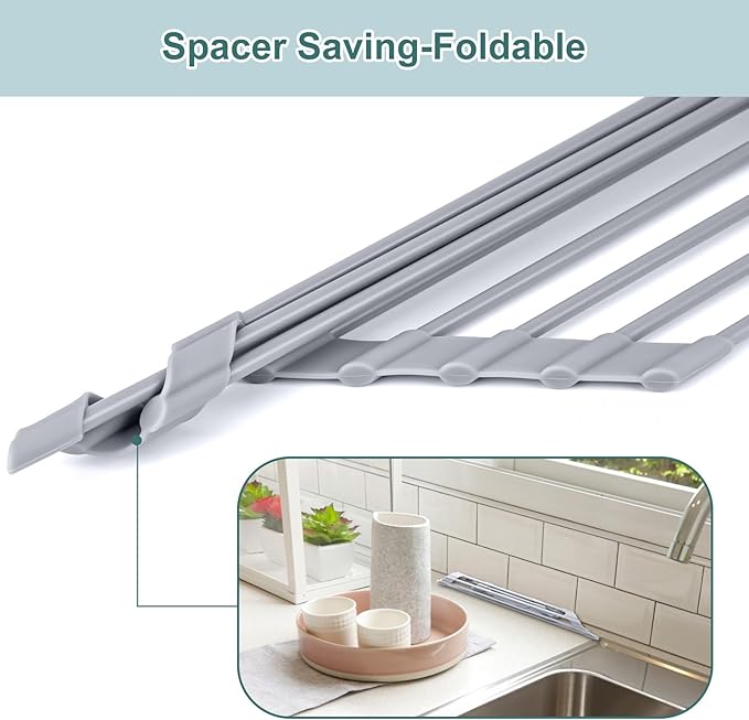MERRYBOX Triangle Roll Up Dish Drying Rack Over The Sink, 2025 Anti-Rust Sink Drying Rack with Full Silicone Wrapped for Top of Corner, Anti-Slip Organizer for Kitchen