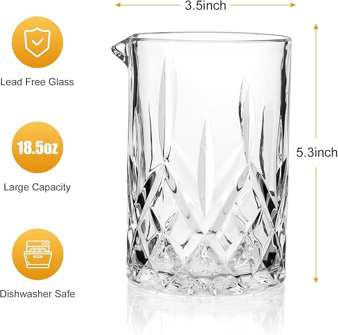 Cocktail Mixing Glass, 18.5oz Crystal Mixing Glass, Thick Bottom Bar Stiring Glasses, Bartender Mixing Jug for Manhattan, Martini, Whiskey
