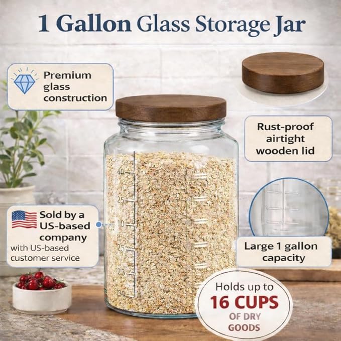 1 Gallon Glass Mason Jar with Airtight Wooden Lid, Wide Mouth Large Food Storage Container with Measurement Markings For Kitchen Pantry, Pickling, Cookies, Flour & Sugar - 2 Pack
