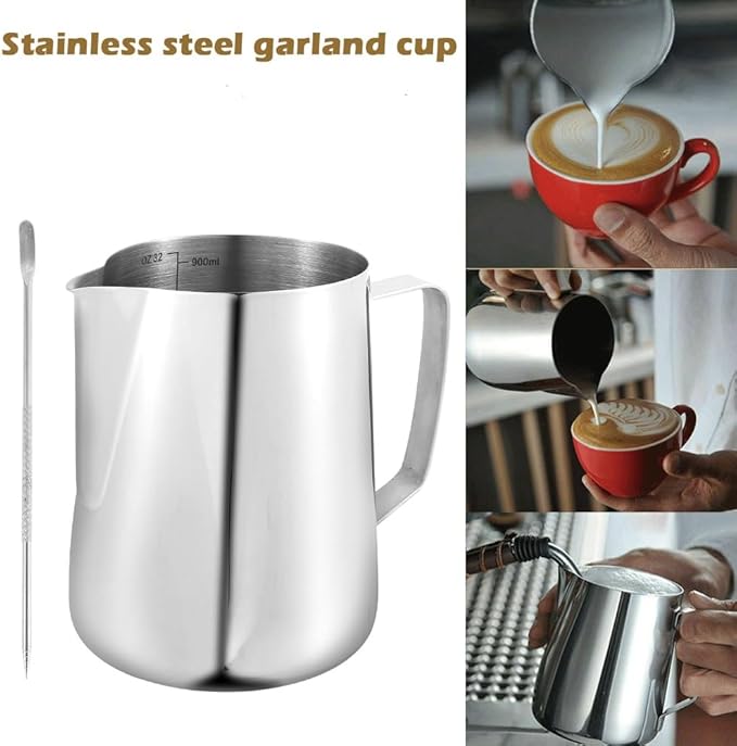 2 Pack Milk Frothing Pitcher 900ml 32oz Steaming Pitchers Stainless Steel Milk/Coffee/Cappuccino/Latte Art Steam Pitchers Milk Jug Cup with Art Pen(2)