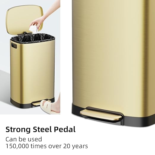KdbK 13 Gallon Trash Can with Lid, 50L Fingerprint Proof Stainless Steel Kitchen Trash Can with Removable Inner Bucket and Lid Soft Close, Pedal Rubbish Bin for Home Office, Gold