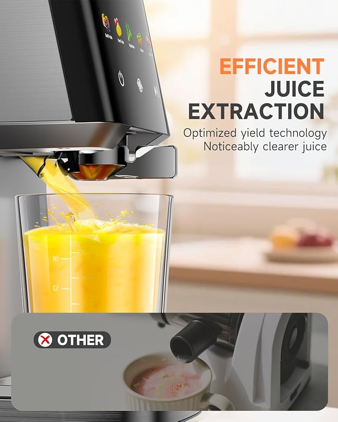Cold Press Juicer with Large 5.12" Feed Chute- Slow Masticating Technology for Nutrient Retention, Quiet Motor, High Juice Yield, Leakproof Base- Perfect for Fruits Vegetables & Leafy Greens