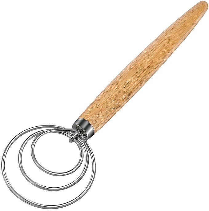 Danish Dough Whisk Dutch Bread Mixer Stainless Steel Hook Wooden Handle Baking Tools for Sourdough Pizza Pastry Cake Batter Making