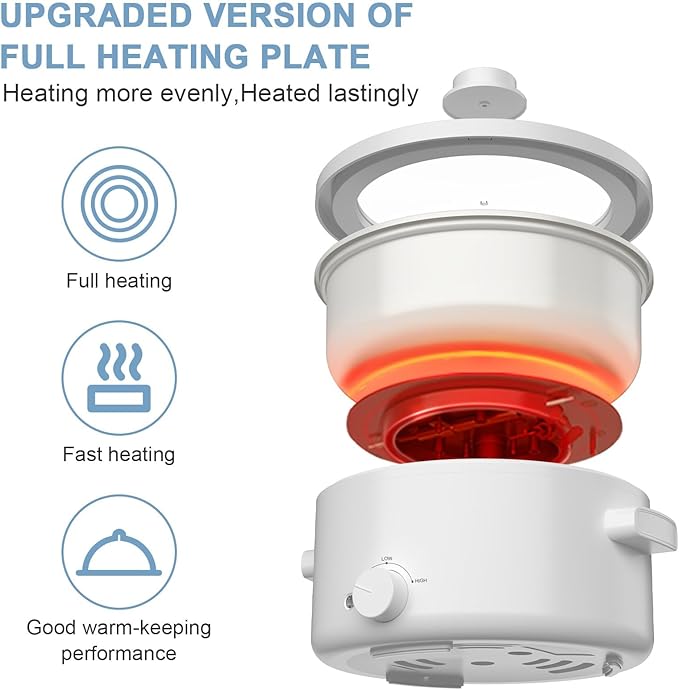 Hot Pot Electric,2L Ceramic Glaze Non-Stick Pan, Portable Hot Pot with Dual Power Adjustment, Electric Cooker for Egg, Ramen, Oatmeal,Soup Quick Heating and Overheat Protection