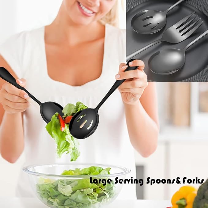 10 PCS Stainless Steel Serving Utensils, Large Serving Spoons Slotted Spoons, Serving Forks, Serving Tongs, Ice Suger Tongs, Metal Utensils Set Great for Buffet Catering Banquet Party (Black)