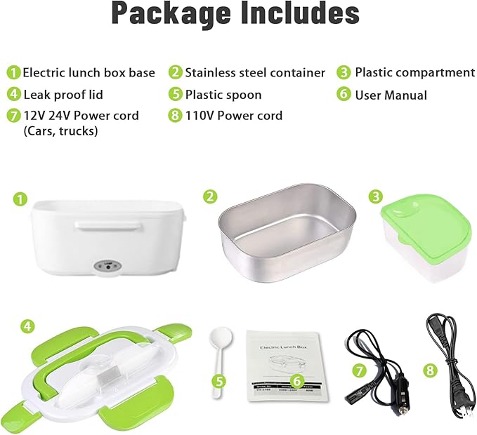 Electric Lunch Box 2 In 1 Food Heater 12V 24V 110V Portable Food Warmer for Car and Home Removable Stainless Steel Heated Bento Box (Green)