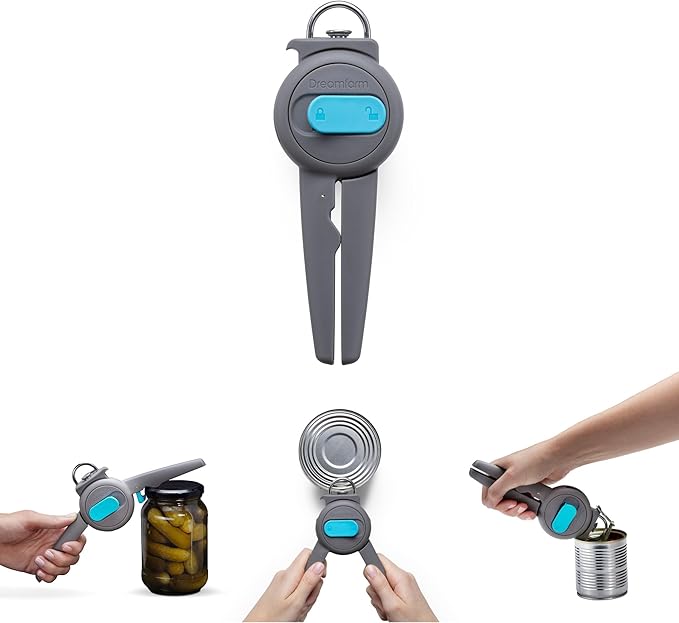Dreamfarm Dopener 3-In-1 Ergonomic Can Opener Smoothes Can Edges for Safe Removal with Jar Lid Seal-Breaker & Can Ring Puller - Grey/Gray
