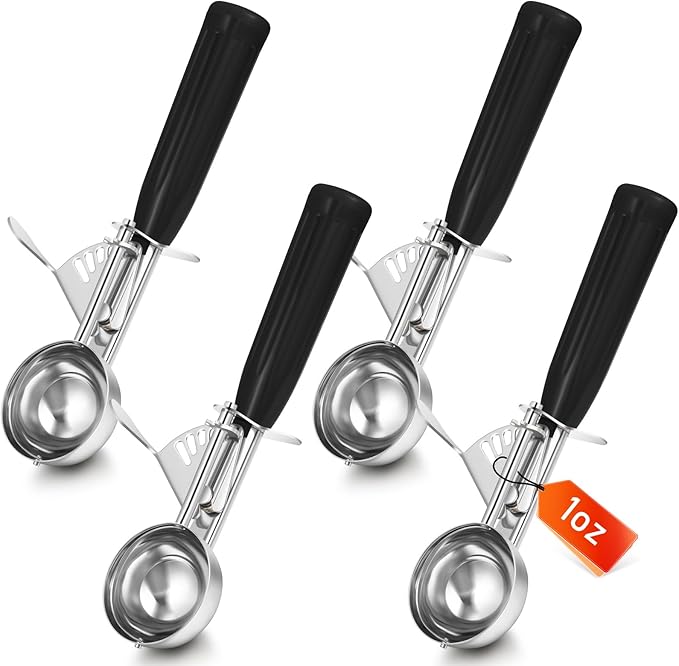 Reallnaive 4 Pcs Release Cookie Scoops Ice Cream Scooper with Trigger Release Portion Scoop Stainless Steel for Portion Control, Baking Food, Cookie Dough (1 oz,Black)