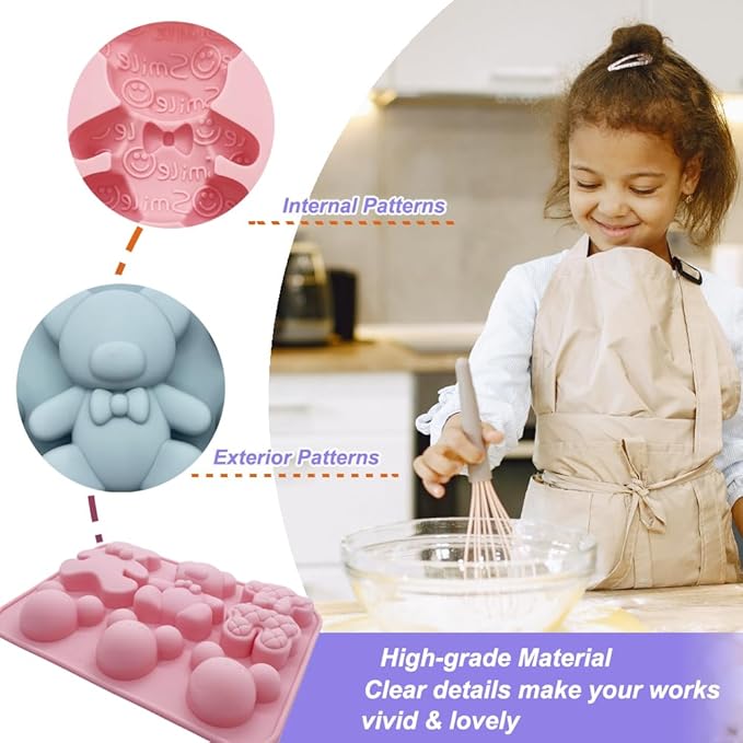 2 Pack Cute Bear Molds Silicone 6 Cavity 3D Cartoon Bear Themed Baking Mould Tray DIY Tool for Baby Shower Birthday Party Chocolate Cake Mousse Pastry Soap Crayons Cupcake Topper