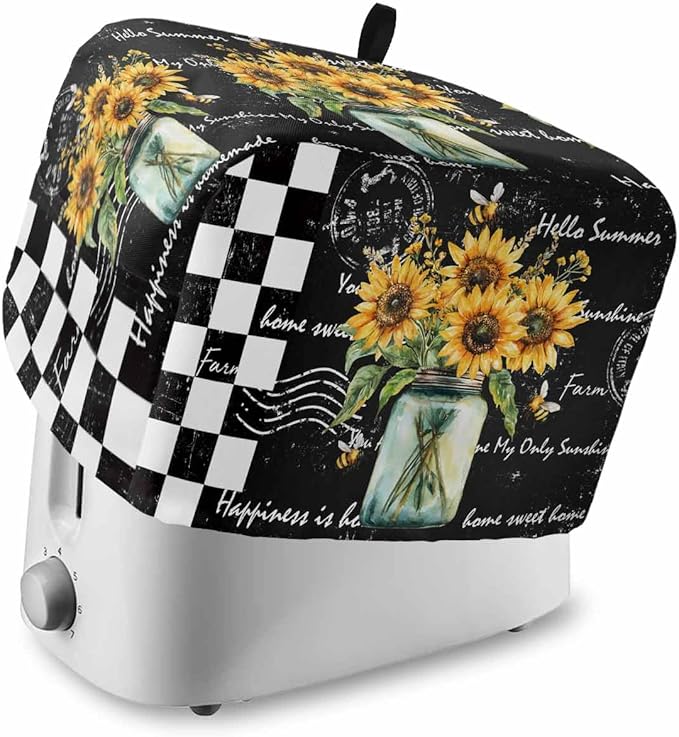Sunflower Vintage Toaster Cover 2 Slice, Farmhouse Floral Dustproof Bakeware Oven Protector with Top Hook, Black Checkered Waterproof Small Kitchen Appliance Toasters Dust Cover, 12"x7.5"x8"