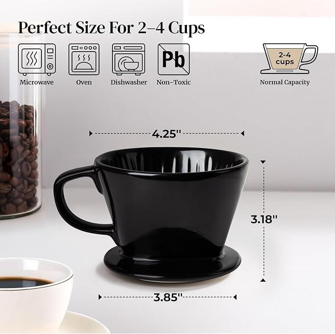 DOWAN Pour Over Coffee Maker, Non-Electric Pour Over Coffee Dripper, Manual Brew Maker, Single Cups Porcelain Slow Brewing Accessories for Gifts, Black