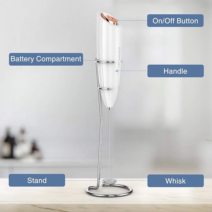 SIMPLETASTE Milk Frother Handheld Electric Foam Maker, Drink Mixer with Stainless Steel Whisk for Cappuccino, Bulletproof Coffee, Latte, White, with Stand, Battery Operated