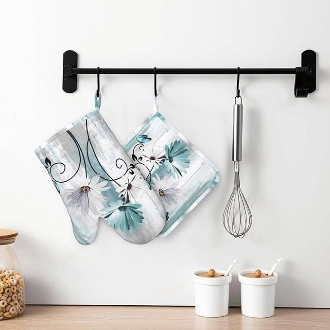 Teal Daisy Oven Mitts Pot Holders Set Silicone Heat Resistant Farm Teal Daisy Floral Flowers and Butterfly Oven Mitts and Hot Pads Potholders Non-Slip Oven Gloves for BBQ