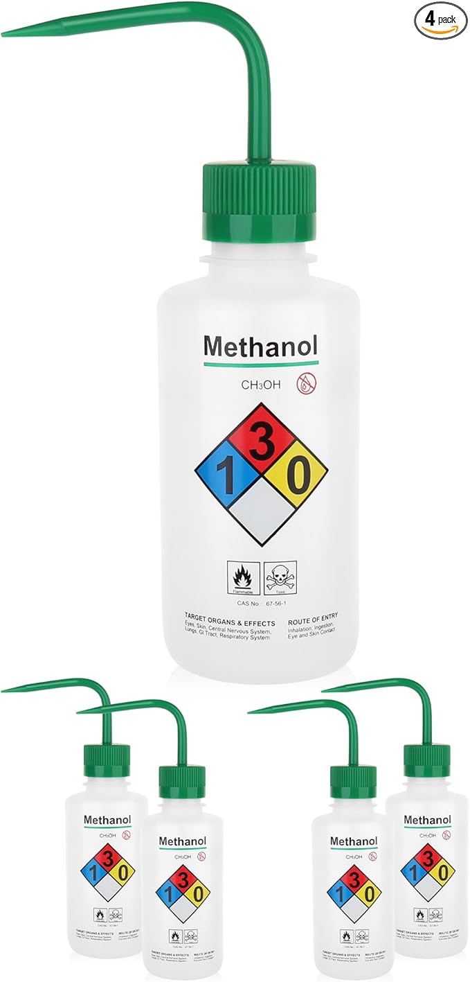 4pcs of Methanol Wash Bottles, Vol.500ml (17oz), Narrow Mouth, Self-Venting Safety Wash Bottles, LDPE Material, IN-WBM500
