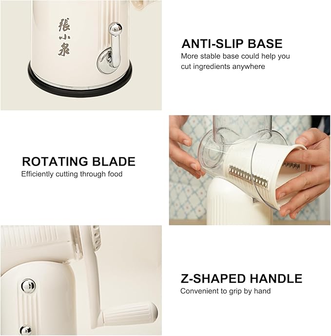 ZHANG XIAO QUAN SINCE 1628 5-in-1 Interchangeable Blades Rotary Cheese Grater Hand Crank, Cheese Shredder Mandoline Vegetable Julienne Slicer Cutter Nut Chopper with Anti-Slip Base, Cream