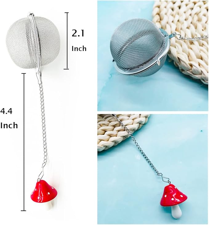 Cute Tea Infuser, Mushroom Pendant Tea Ball Tea Filter Cute Stainless Steel Ball Mesh Strainer for Loose Tea and Spices & Seasonings (Red Mushroom)