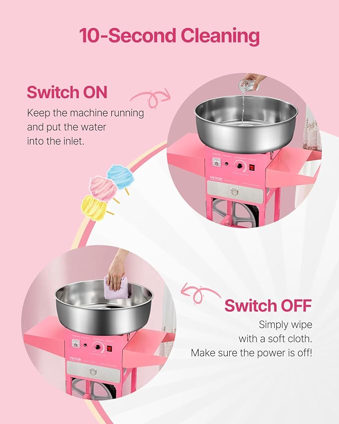 VEVOR Electric Cotton Candy Machine with Cart, 1000W Commercial Candy Floss Maker with 20.5 in Stainless Steel Bowl, Sugar Scoop, and Drawer, Easy to Use, for Home, Kids Birthday, Family Party, Pink