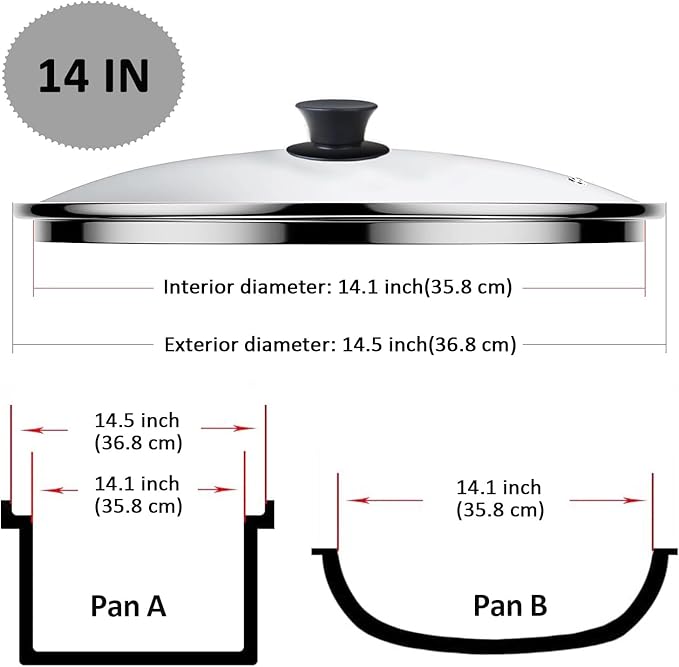 14 Inch Glass Lid For Pots, Pans and Skillets, Clear Glass Lid Replacement with Steam Vent, Stainless Steel Covers, Fit large Frying Pan With Inner dia 14.1-14.4 Inches