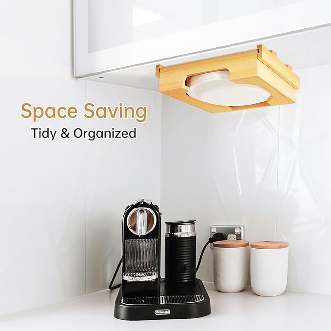 Paper Plate Dispenser - 10 inch Bamboo Paper Plate Dispenser Under Cabinet, Kitchen Counter Vertical Plate Holder Organizer Countertop Caddy (Bamboo)