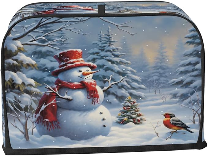 4 Slice Toaster Cover,Snowy Forest Christmas Tree Snowman Bird Small Kitchen Appliance Bread Machine Cover with Pockets,Dust & Fingerprint Protection