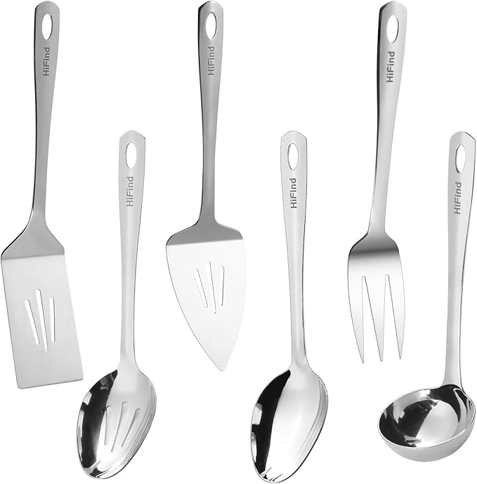 Serving Utensils Set, Stainless Steel Serving Utensils 6 PCS, Durable Heavy Duty Serving Ladle, Solid Serving Spoon, Slotted Serving Spoon, Slotted Turner, Cake Server, Serving Fork