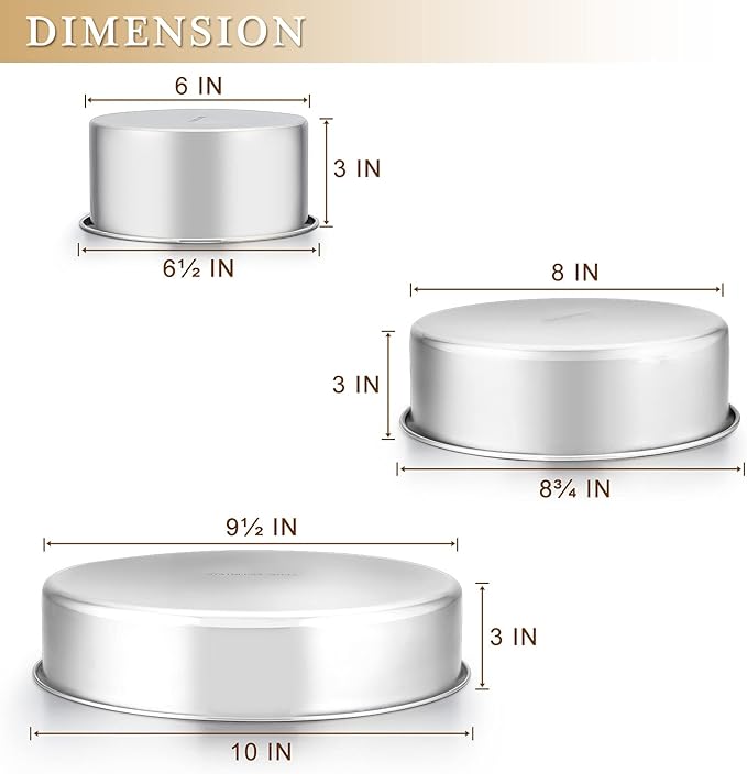 E-far Deep Cake Pan Set of 3 (6 inch/8 inch/9½ inch), Stainless Steel Round Layer Cake Baking Pans, Metal Tier Cake Tins for Wedding Birthday, Leak Proof & Straight Side, Non-toxic & Dishwasher Safe