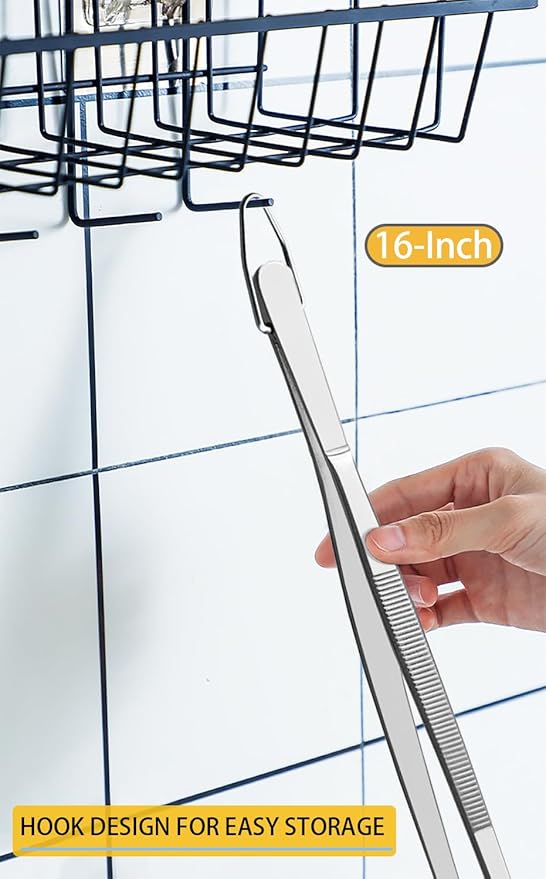 JETKONG 16-Inch Kitchen Tweezers Fine Tweezer Tongs Extra-Long Stainless Steel Cooking Tweezers (Point-Tips)