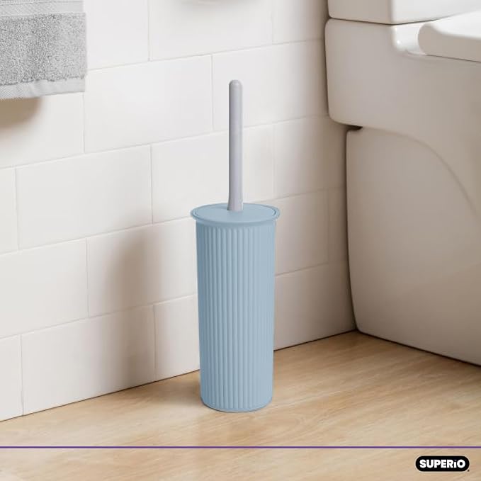 Decorative Plastic Toilet Bowl Brush and Holder Set, Blue (2 Pack) Cleaner Scrubber for Bathroom - Ribbed Design