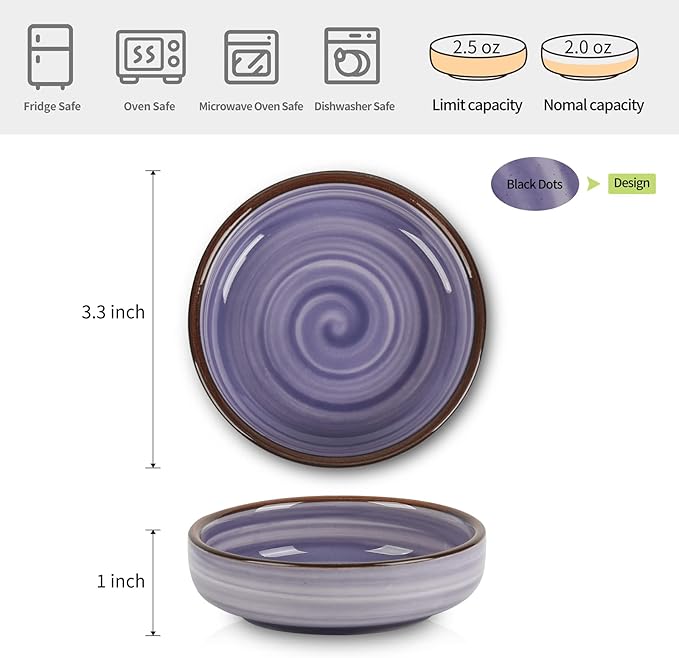 Selamica Ceramic 2.5 OZ Soy Sauce Dish Dipping Bowls Set of 6, 3.3 Inch Small Side Dish Pinch Bowls, Mini Bowls for Condiments, Ketchup, BBQ, Sushi, Gradient Blue