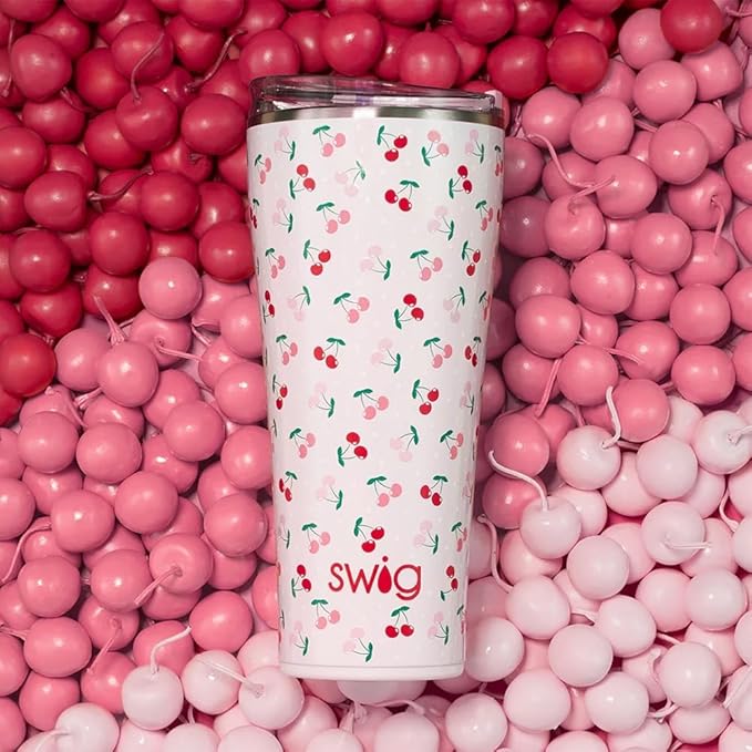 Swig Life 32oz Insulated Tumbler, Travel Coffee Tumbler with Lid, Cup Holder Friendly Travel Coffee Mug, Stainless Steel with Lid (Cherry Pie)