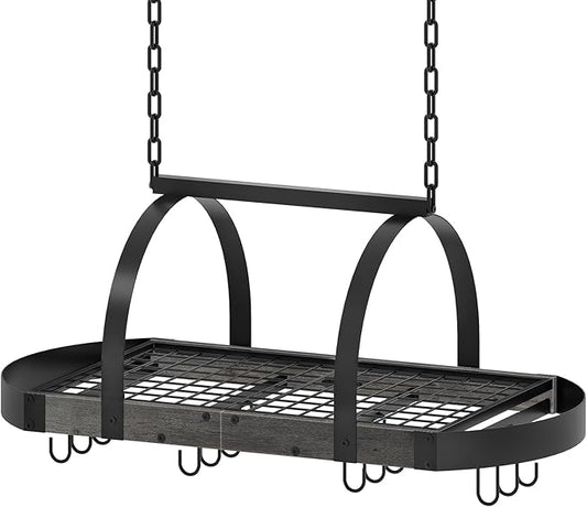 CHOEZON Hanging Pot Rack, Pot Hanger for Kitchen, Ceiling Mounted Pot Holder, Cookware Organizer with 12 S-Shaped Hooks, for Pot, Pan Storage, Space-Saving, Charcoal Black and Black TPR08BCC1