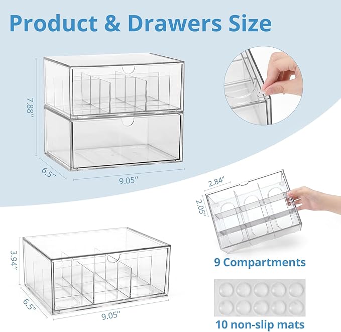 CLUQMEIK 2 Acrylic Tea and Coffee Organizer, 9 Grids Tea Bag Organizer Box and 1 Compartment Coffee Pod Storage Box, Acrylic Drawers Stackable Design Suitable for Storing Pods Creamers Sugar Packets
