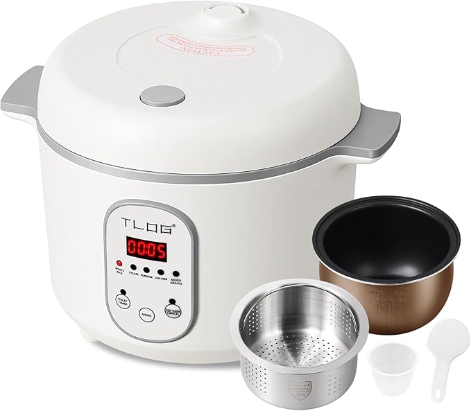 TLOG Low Carb Rice Cooker 2L(8 Cups Cooked), Low Sugar Healthy Rice Maker with 304 Stainless Steel Steamer Basket, 5 Cooking Presets, 24H Timer & Keep Warm Function