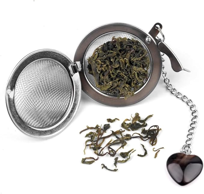 5 Pcs Tea Filter Stainless Steel with Heart Crystal Energy Stone Tea Strainers with Fine Mesh Extend Chain Hook Tea Ball Infuser for Loose Tea Leaves Spices Seasonings