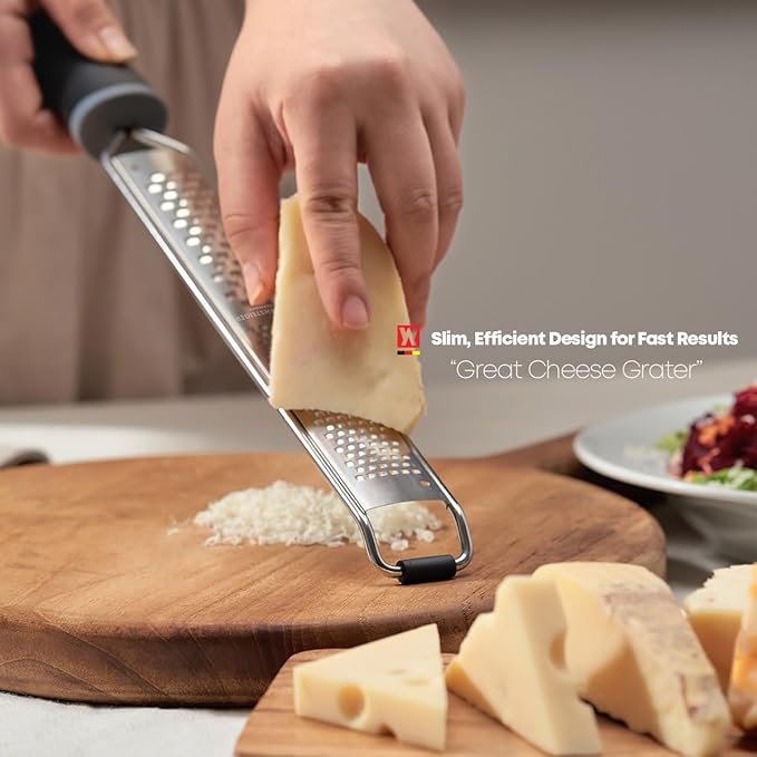 2-in-1 Stainless SteelLong Cheese Grater Dual-Sided Fine & Coarse Blades Precision Zester for Lemon, Ginger, Cheese, Vegetables, Rust-Resistant, Ergonomic Handle (15.35" x 1.77")