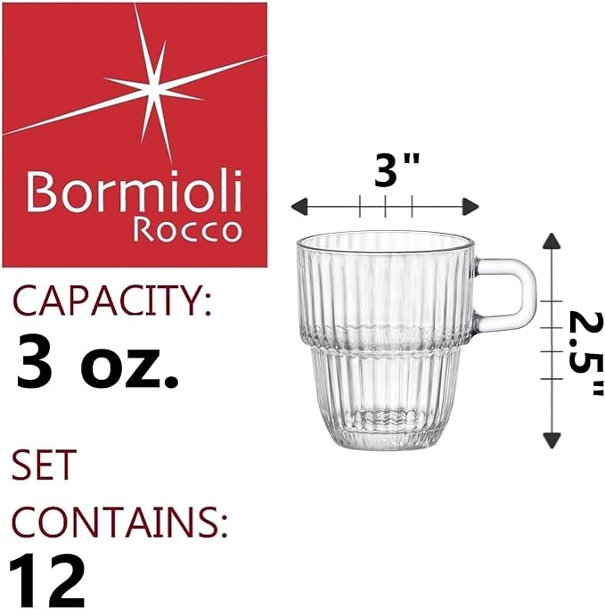 Bormioli Rocco Barshine 3 oz. Espresso Coffee Stackable Tempered Drinking Glasses, Set of 12, Clear