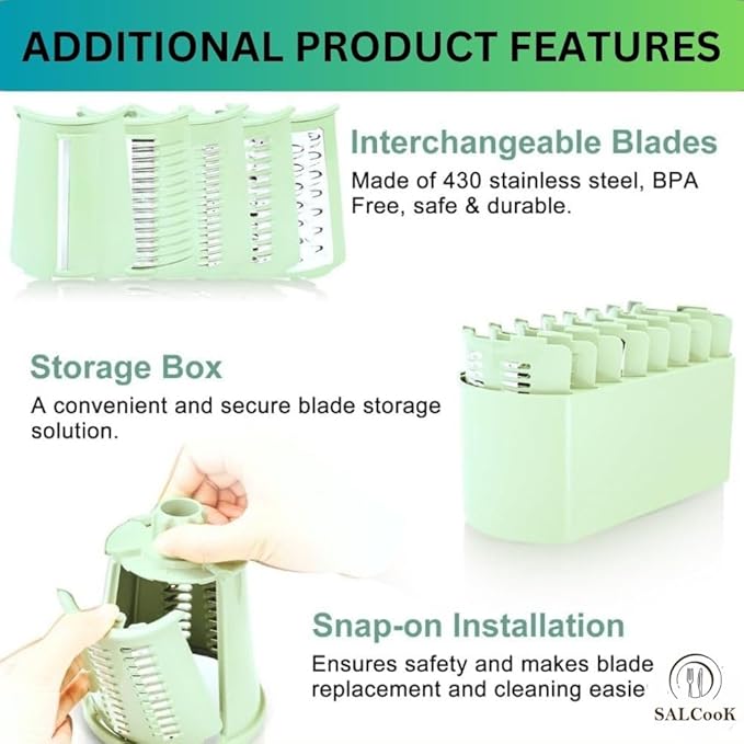 5-in-1 Manual Rotary Cheese Grater with Handle – Stainless Steel Replaceable Blades for Slicing, Shredding, Grinding & Wavy Cuts – Strong Suction Base, Blade Storage Box – White