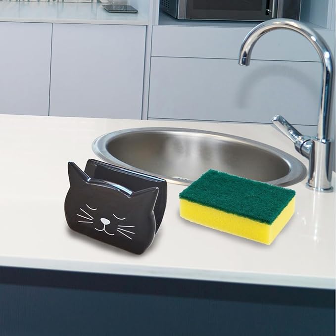 Sponge Holder for Countertop 2PCS Ceramic Sponge Caddy Cat Shape Cute Scrub Brush Dish Wand Holder for Kitchen Sink Decor Cute Kitchen Storage Accessories Ideal Gifts for Women(Black White)