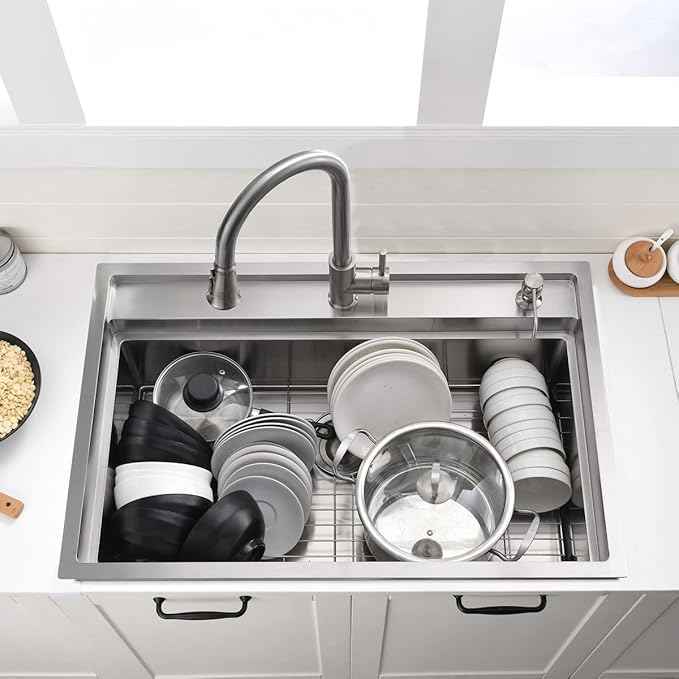 33 Inch Drop In Kitchen Sink Workstation - VOKIM 33X22 Inch Drop In sink Stainless Steel Splash Guard 16 Gauge 10'' Deep Single Bowl Handmade Topmount Sink with Cutting Board& Strainer