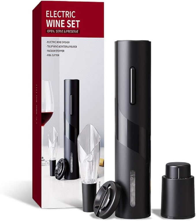 ueecool Electric Wine Opener Set, Automatic Corkscrew Set Contains Foil Cutter, Vacuum Stopper with Time mark, Wine Aerator Pourer (4 Piece Gift Set) with LED Light for Home Kitchen Party