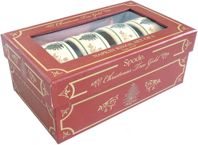 Spode Christmas Tree Gold 2.75" Napkin Ring (Set of 4) - Elegant 22K Gold Accented Holiday Napkin Rings, Fine Porcelain Christmas Table Setting Décor - Ideal for Holiday Dinnerware & Festive Gifting
